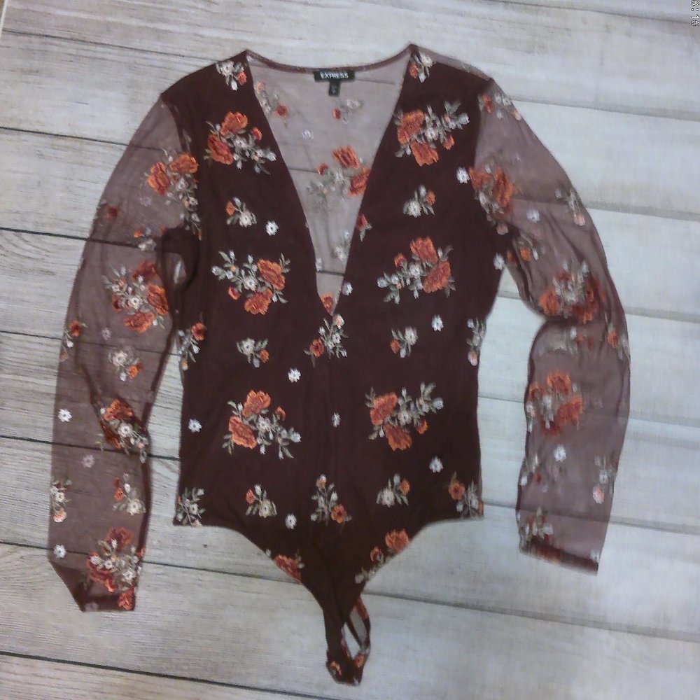 Express Long Sleeve Sheer Embroidered Bodysuit S